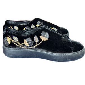 Fratelli Rossetti Unique Italian Black Velvet Gold Embroidery SlipOn Flats 8.5 W